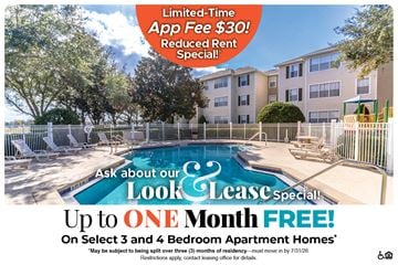 Eustis apartment for rent - A promotional image for a lease special offering up to one month free on select 3 and 4 bedroom apartment homes.