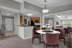 Eustis apartment for rent - A modern kitchen with a dining table set for four.