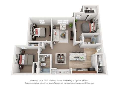 Floor plan for 3 beds, 2 baths, 1045 sqft