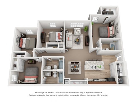 Floor plan for 4 beds, 3 baths, 1240 sqft