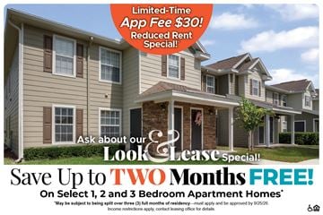 Lady Lake apartment for rent - A promotional image for a lease special offering up to two months free on select 1, 2, and 3 bedroom apartment homes.