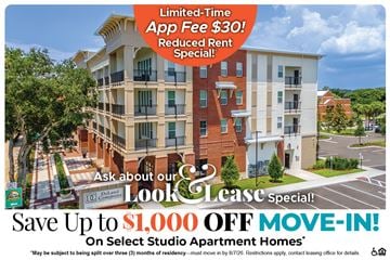 Deland apartment for rent - An advertisement for a limited-time app fee reduction and rent special for a studio apartment.