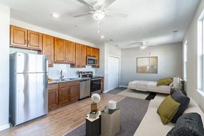 Deland apartment for rent - a kitchen and living room with a stainless steel refrigerator