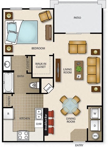 Floor plan for 1 bed, 1 bath, 676 sqft