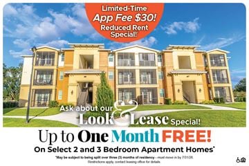 Mt. Dora apartment for rent - A promotional image for a lease special offering up to one month free on select 2 and 3 bedroom apartment homes.