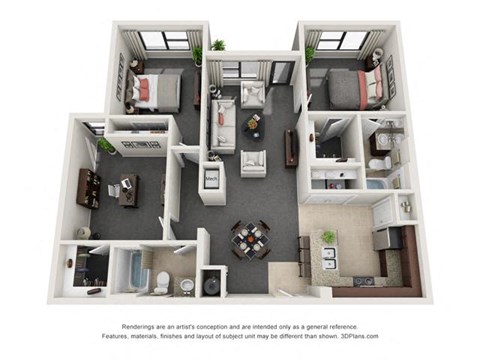 Floor plan for 2 beds, 2 baths, 1137 sqft