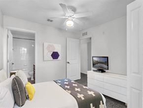 Kissimmee apartment for rent - a bedroom with a bed and a ceiling fan