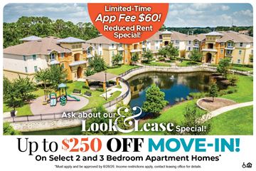 Orlando apartment for rent - A promotional image for a lease special offering up to $250 off on select apartment homes.