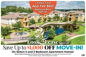 Orlando apartment for rent - A promotional image for a lease special offering up to $1,000 off on select 2 and 3 bedroom apartment homes.