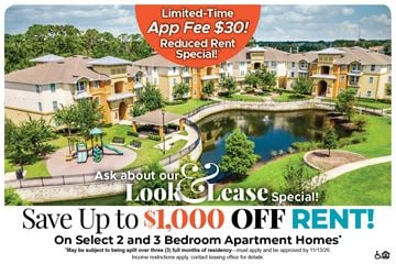 Orlando apartment for rent - A promotional image for a lease special offering up to $1,000 off rent on select 2 and 3 bedroom apartment homes.