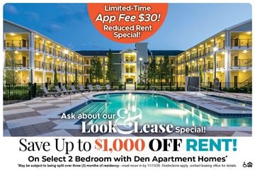 Orlando apartment for rent - A promotional image for a leasing special at Den Apartment Homes, offering a limited-time app fee reduction and a significant rent discount on select 2-bedroom units.