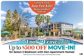 Tampa apartment for rent - A promotional image for a leasing special offering up to $500 off on select 2 bedroom apartments with a move-in date of 7/31/26.