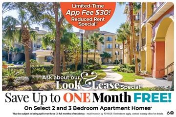 Orlando apartment for rent - A promotional image for a lease special offering up to one month free on select 2 and 3 bedroom apartment homes.