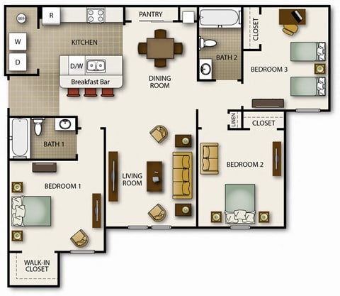 Floor plan for 3 beds, 2 baths, 1046 sqft