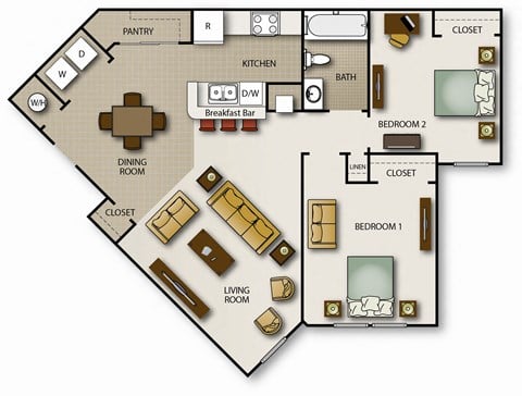 Floor plan for 2 beds, 1 bath, 984 sqft