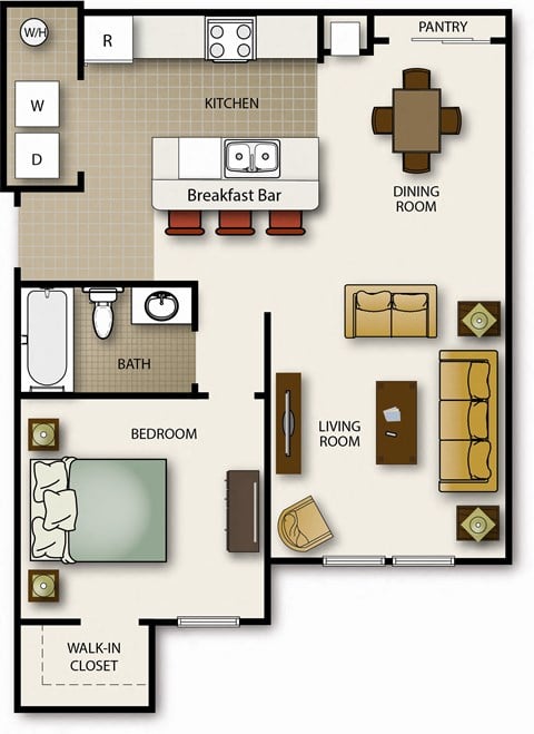 Floor plan for 1 bed, 1 bath, 681 sqft
