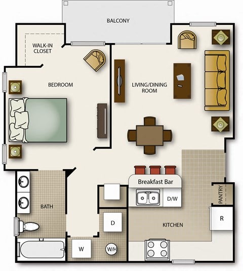 Floor plan for 1 bed, 1 bath, 644 sqft