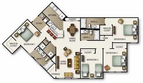 Floor plan for 4 beds, 3 baths, 1506 sqft