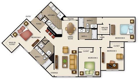 Floor plan for 4 beds, 3 baths, 1506 sqft