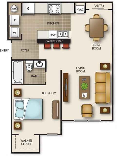 Floor plan for 1 bed, 1 bath, 681 sqft