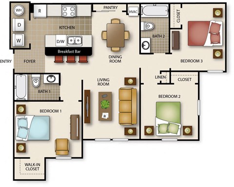 Floor plan for 3 beds, 2 baths, 1046 sqft