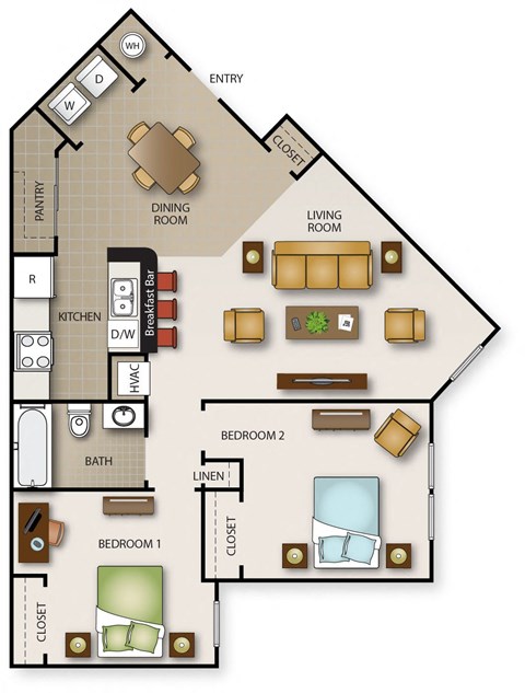 Floor plan for 2 beds, 1 bath, 849 sqft