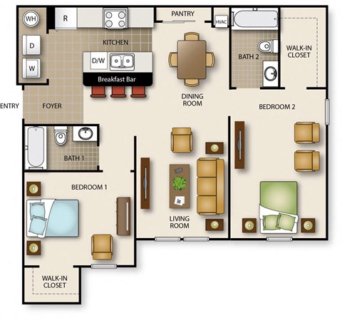 Floor plan for 2 beds, 2 baths, 984 sqft