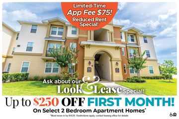 Port St. Lucie apartment for rent - A promotional image for a lease special offering up to $250 off the first month on select 2 bedroom apartment homes.