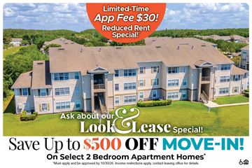 Tampa apartment for rent - An advertisement for a limited-time app fee of $30 and a reduced rent special for a two-bedroom apartment home.