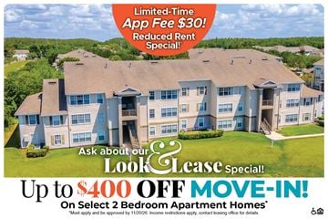 Tampa apartment for rent - A promotional image for a limited-time app fee of $30 and a reduced rent special for a look & lease special.