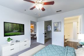 Tampa apartment for rent - a bedroom with a bed and a ceiling fan