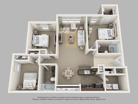 Floor plan for 3 beds, 2 baths, 1204 sqft