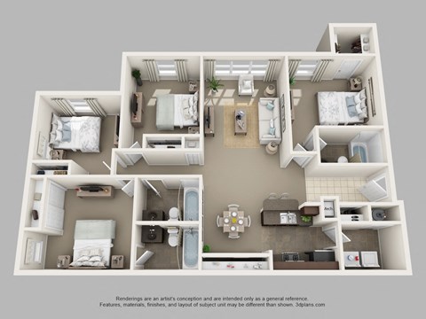 Floor plan for 4 beds, 3 baths, 1455 sqft