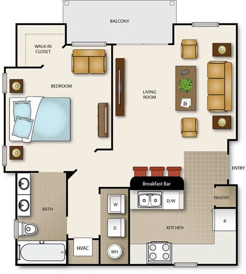 Floor plan for 1 bed, 1 bath, 644 sqft