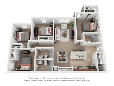 Floor plan for 4 beds, 3 baths, 1253 sqft