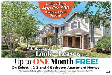 Leesburg apartment for rent - A promotional image for a lease special offering up to one month free on select apartment homes.