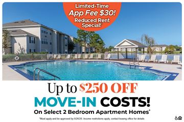 Orlando apartment for rent - A promotional image for a limited-time app fee special and move-in cost discount for select 2 bedroom apartment homes.