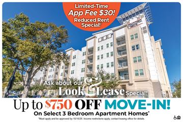 Orlando apartment for rent - A building advertisement for a $30 app fee and $750 off move-in special.