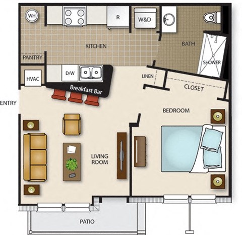 Floor plan for 1 bed, 1 bath, 565 sqft