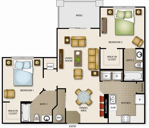 Floor plan for 2 beds, 2 baths, 941 sqft