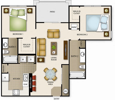 Floor plan for 2 beds, 2 baths, 935 sqft
