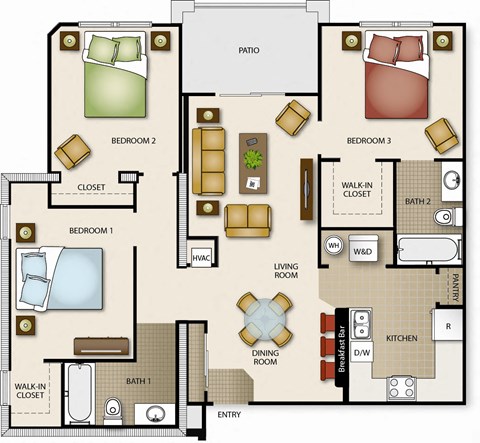 Floor plan for 3 beds, 2 baths, 1102 sqft