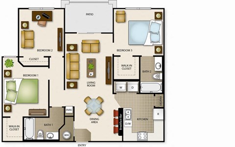 Floor plan for 3 beds, 2 baths, 1102 sqft