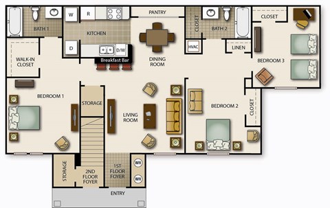 Floor plan for 3 beds, 2 baths, 1195 sqft