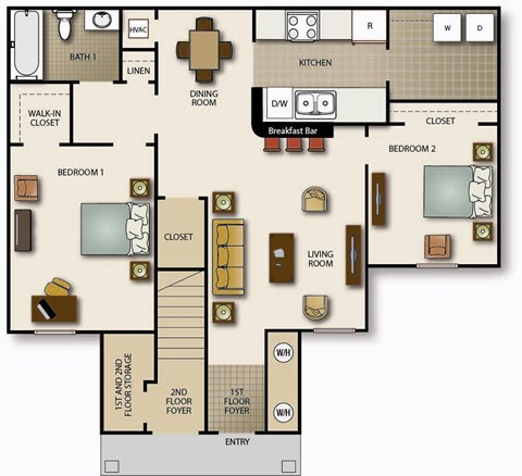 Floor plan for 2 beds, 1 bath, 975 sqft