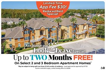 Orlando apartment for rent - A promotional image for a lease special offering up to two months free on select 2 and 3 bedroom apartment homes.