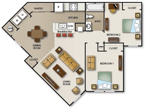 Floor plan for 2 beds, 1 bath, 849 sqft