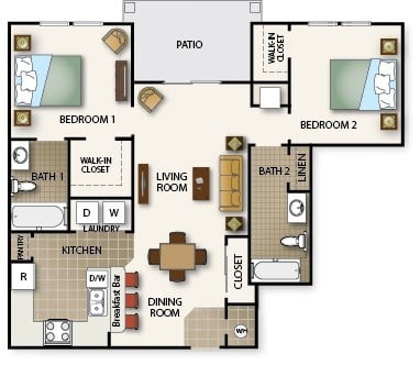 Floor plan for 2 beds, 2 baths, 925 sqft