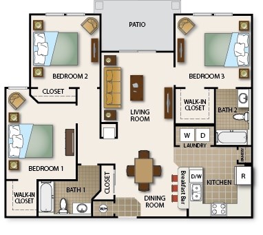 Floor plan for 3 beds, 2 baths, 1093 sqft