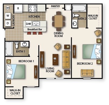 Floor plan for 2 beds, 2 baths, 984 sqft